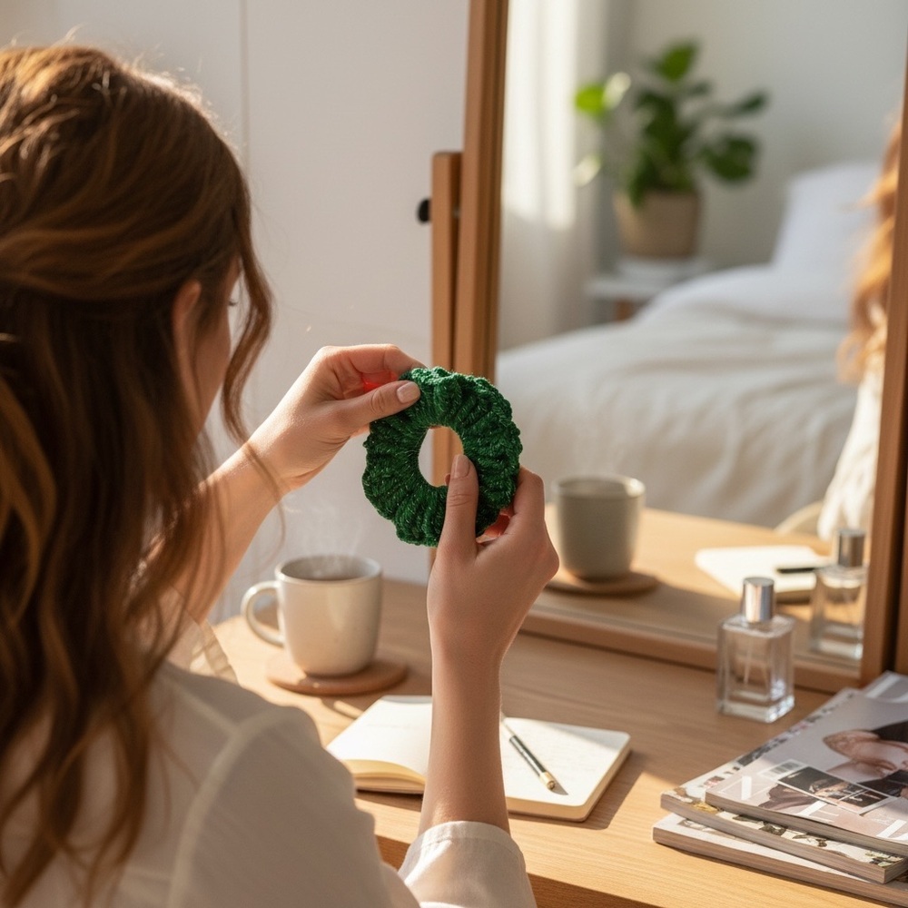 Luxurious Forest Green Hair Scrunchie - Picture 2 of 4